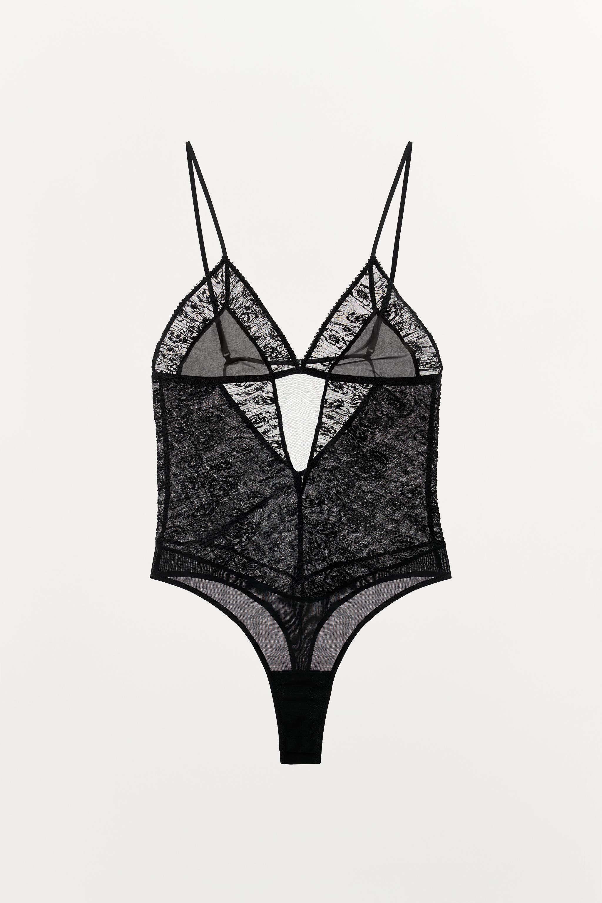 PLEATED LACE BODYSUIT WITH FLORAL EMBROIDERY